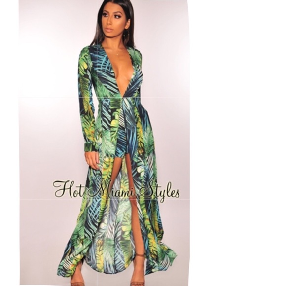 Green Palm Print Long Sleeves Maxi 